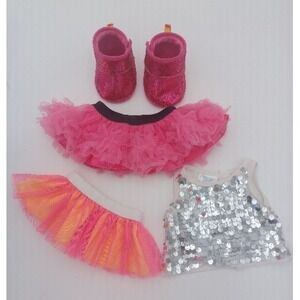 Build a Bear (BAB) clothes. (2) Tutu (1) white top sequence Pink Boots Shoes